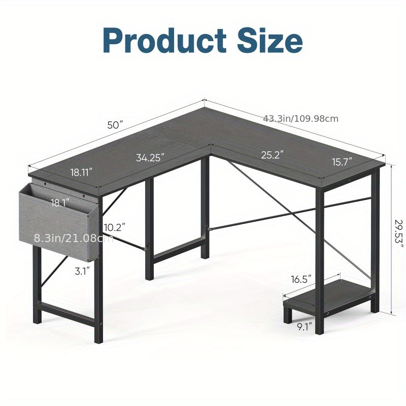 L-Shaped Corner Computer Desk with Storage Pocket | Wooden Home Office / Gaming