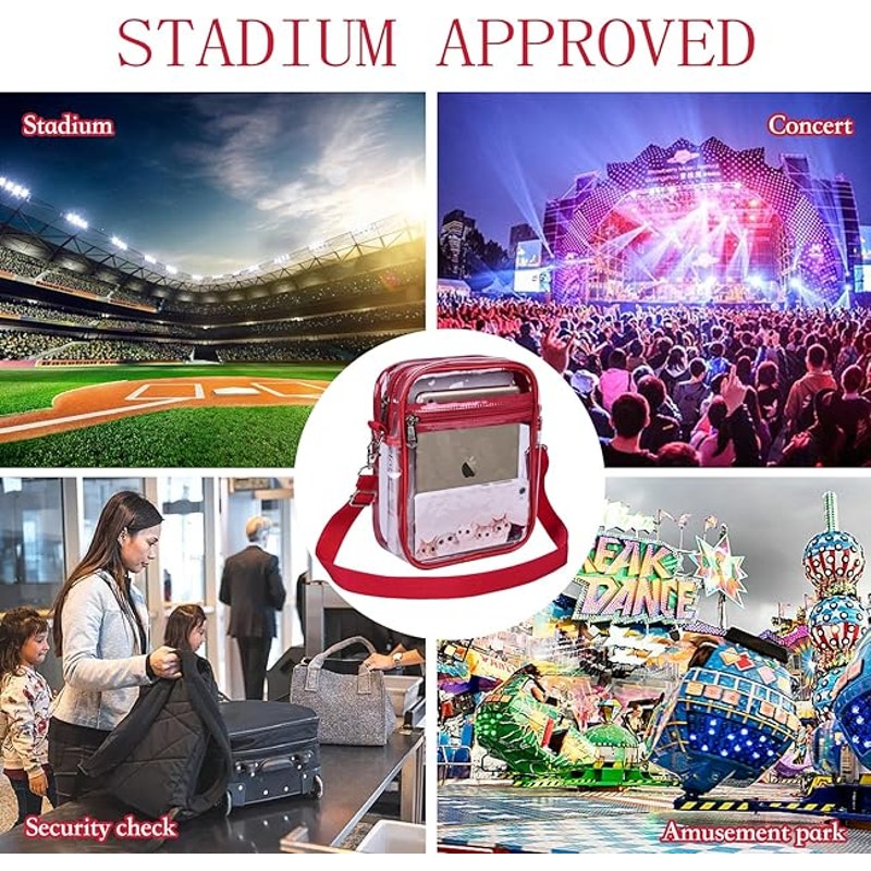 Uspeclare Red Trim Crossbody Zip Closure Clear Stadium Approved Purse Handbag